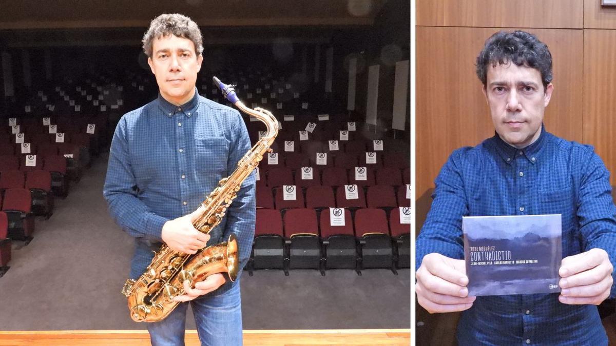 Xose Miguélez, en el conservatorio de música de Ourense, con su nuevo disco.