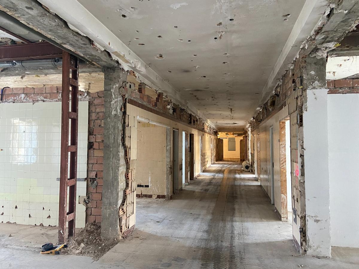 Interior del edificio semicircular, donde ya solo queda la estrucura de las plantas