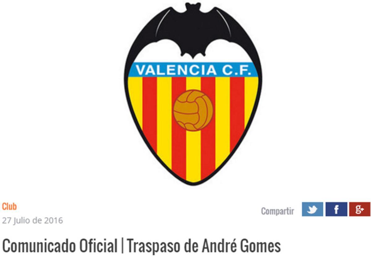 El Valencia emitió un comunicado sobre el traspaso de André Gomes