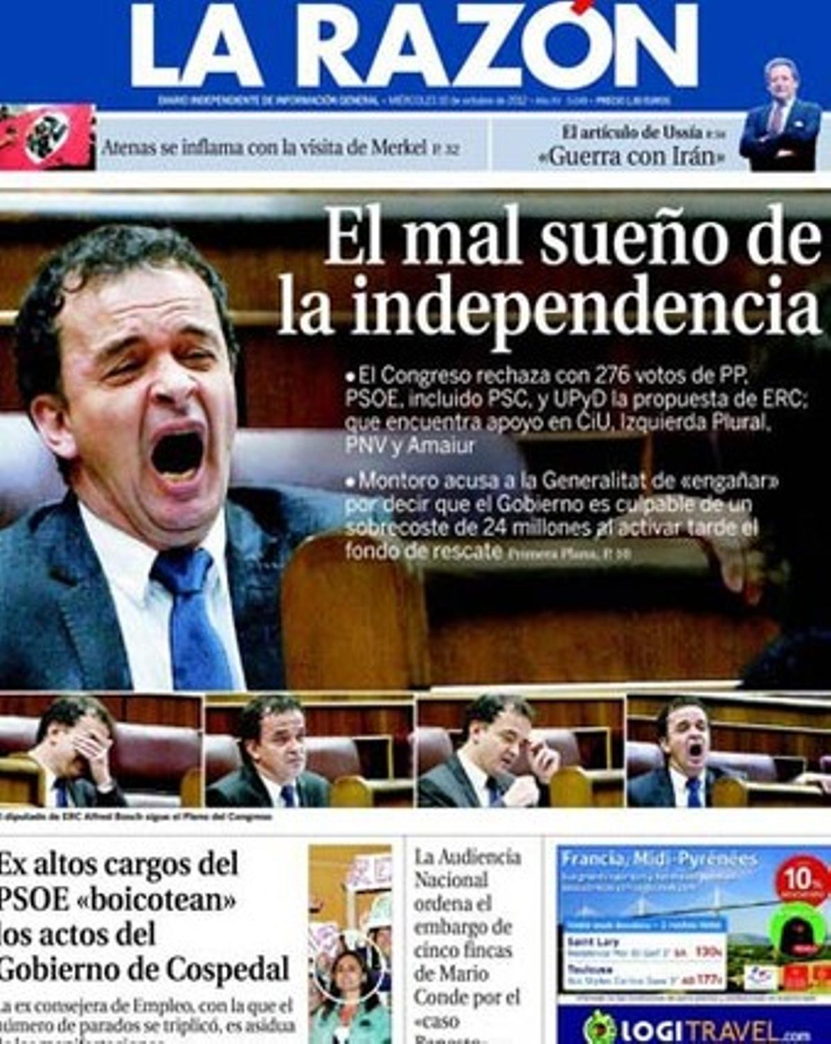Portada de ’La Razón’ del 10 d’octubre del 2012. Portada de ’La Razón’ del 10 d’octubre del 2012.