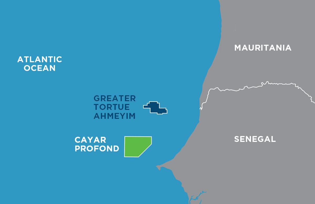 Mapa de ubicación del GTA frente a las costas de Senegal y Mauritania.