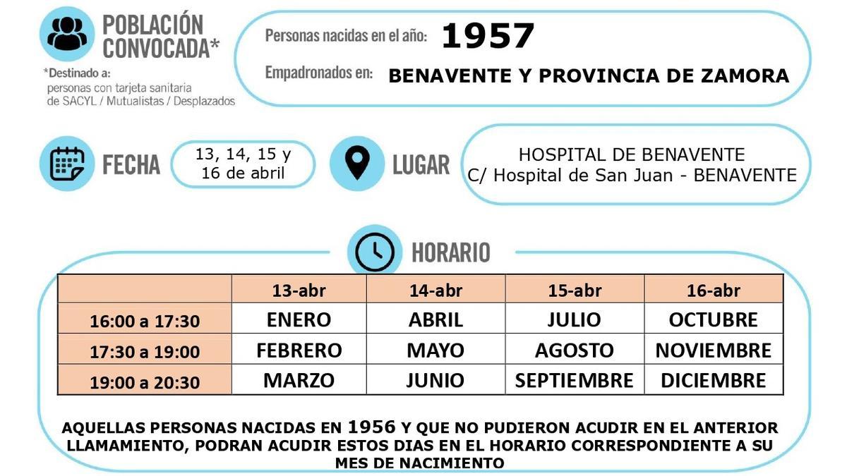 Fechas y horario de la vacunación en Benavente de la generación de 1957.