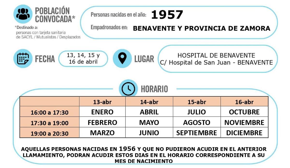 Fechas y horario de la vacunación en Benavente de la generación de 1957.