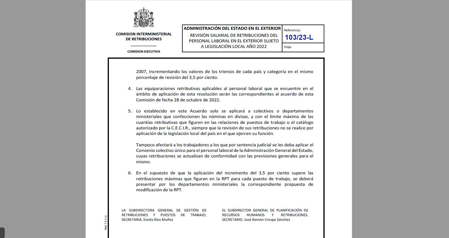 Extracto de la resolución de aumento de sueldo para el Personal Laboral en el Exterior (PLEX)
