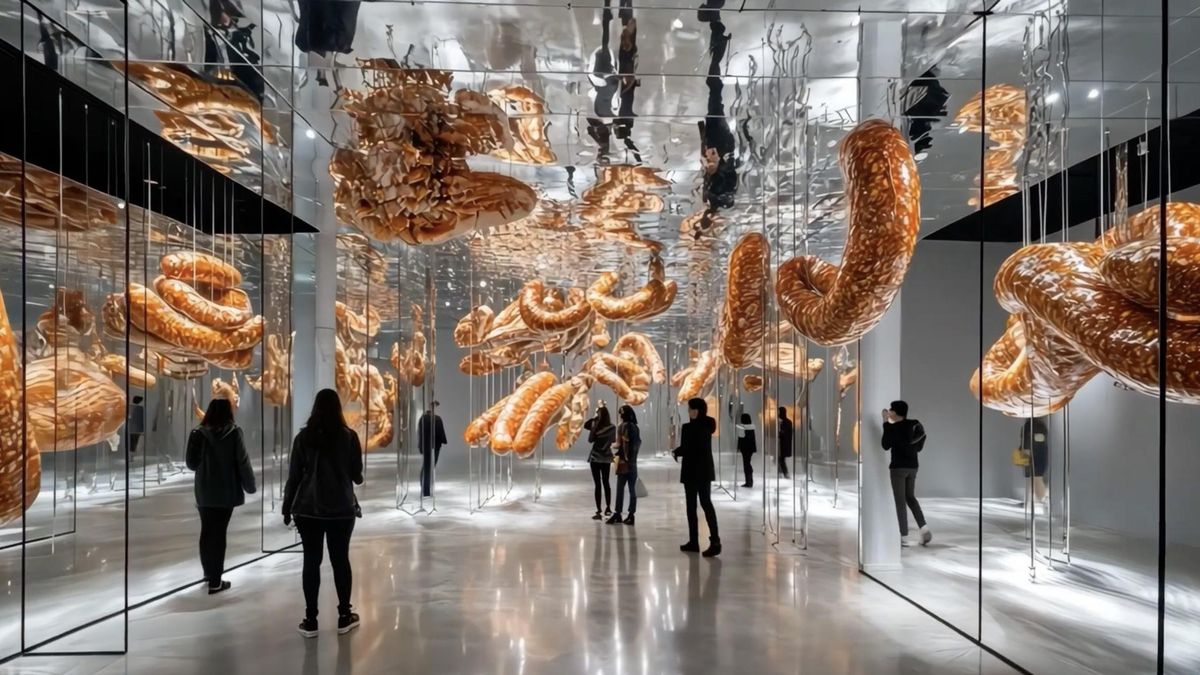 Simulación de la exposición inmersiva ‘IA: El futuro se adelanta’ con obras de Franc Aleu.