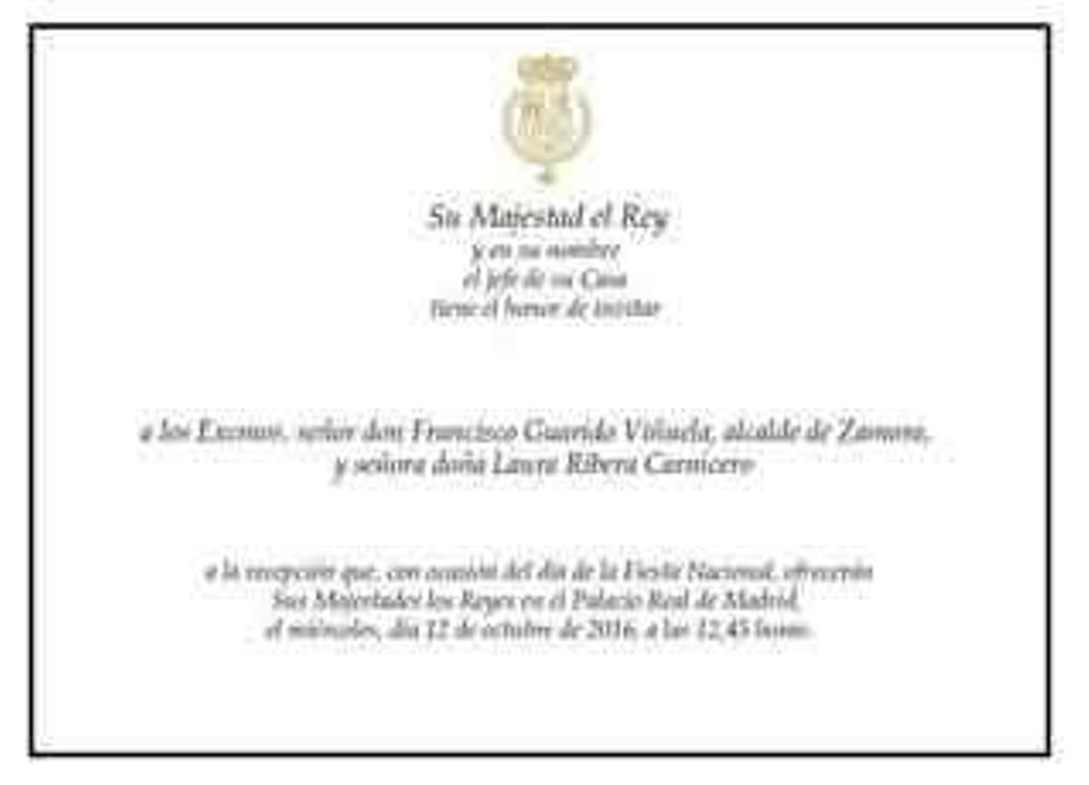 Invitación de la Casa Real al alcalde para la recepción en el Palacio Real.