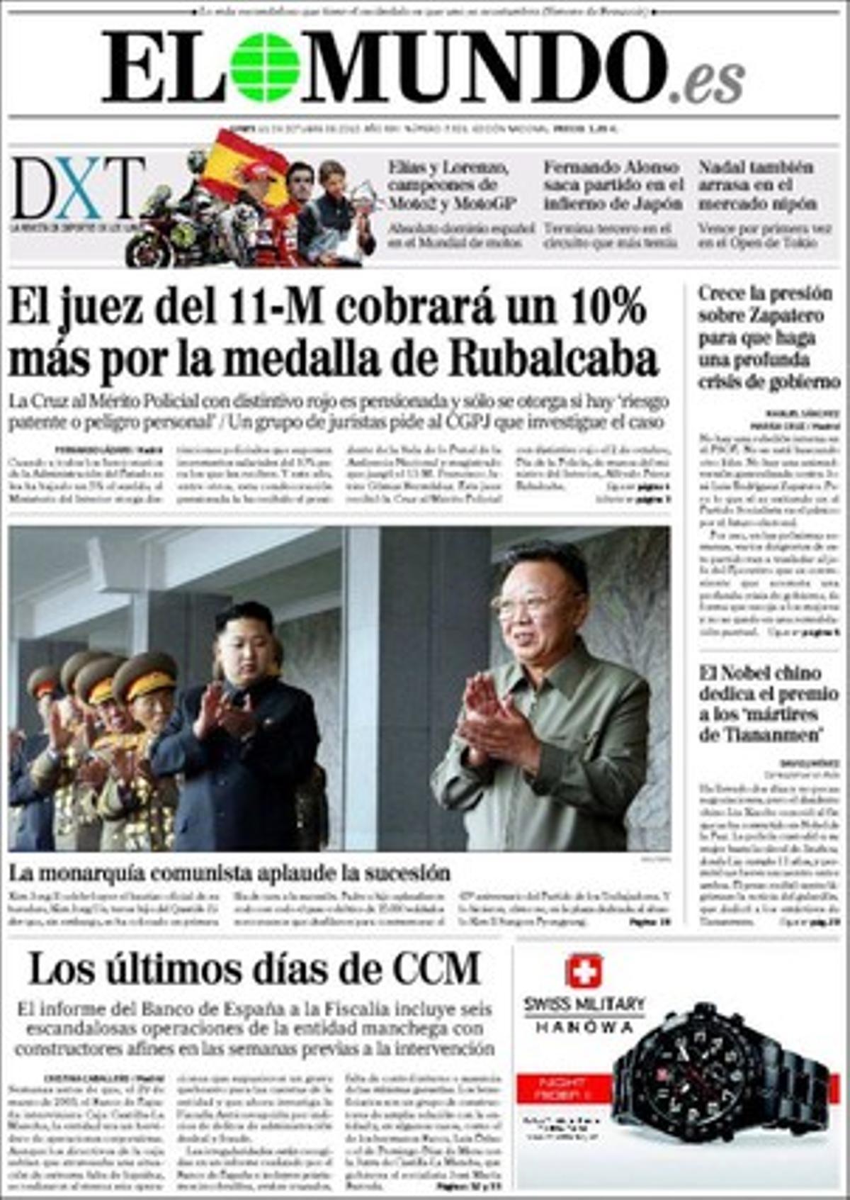 ’El Mundo’ ofereix també una entrevista amb Cristóbal Montoro i destaca que Joan Puigcercós acusa Artur Mas d’haver pactat amb Hollywood contra la llei del cine aprovada pel Parlament, que falten voluntaris per atendre la visita papal a Barcelona, que la Caja Castilla la Mancha va afavorir un grup de constructors dies abans de la seva caiguda i que l’estrena del musical ’Mujeres al borde de un ataque de nervios’, l’obra de Pedro Almodóvar, a Broadway esgota entrades.