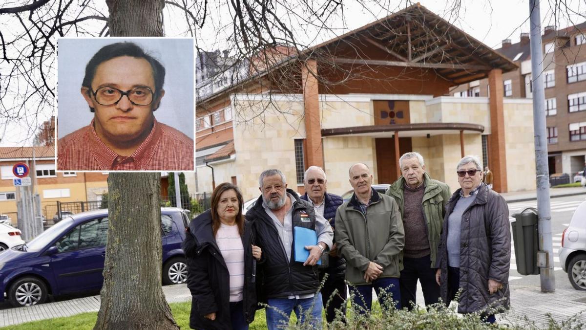 Por la izquierda, María Amor Vallina, Luis Cué, José Luis Fonseca, José Manuel Gómez, Javier Menéndez y Victoria Rodríguez, en la calle Peña Santa de Enol, con la iglesia de la Purísima Concepción a sus espaldas. En el círculo, Hipólito Nieto Suárez. En el recuadro, Hipólito Nieto.