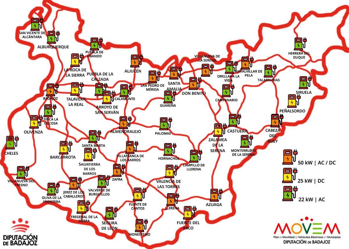 Mapa de la provincia con la red de electrolineras de la Diputación de Badajoz.