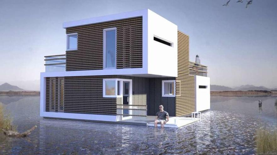 Imagen promocional del proyecto Prenunptial Housing, con una vivienda instalada sobre el agua.