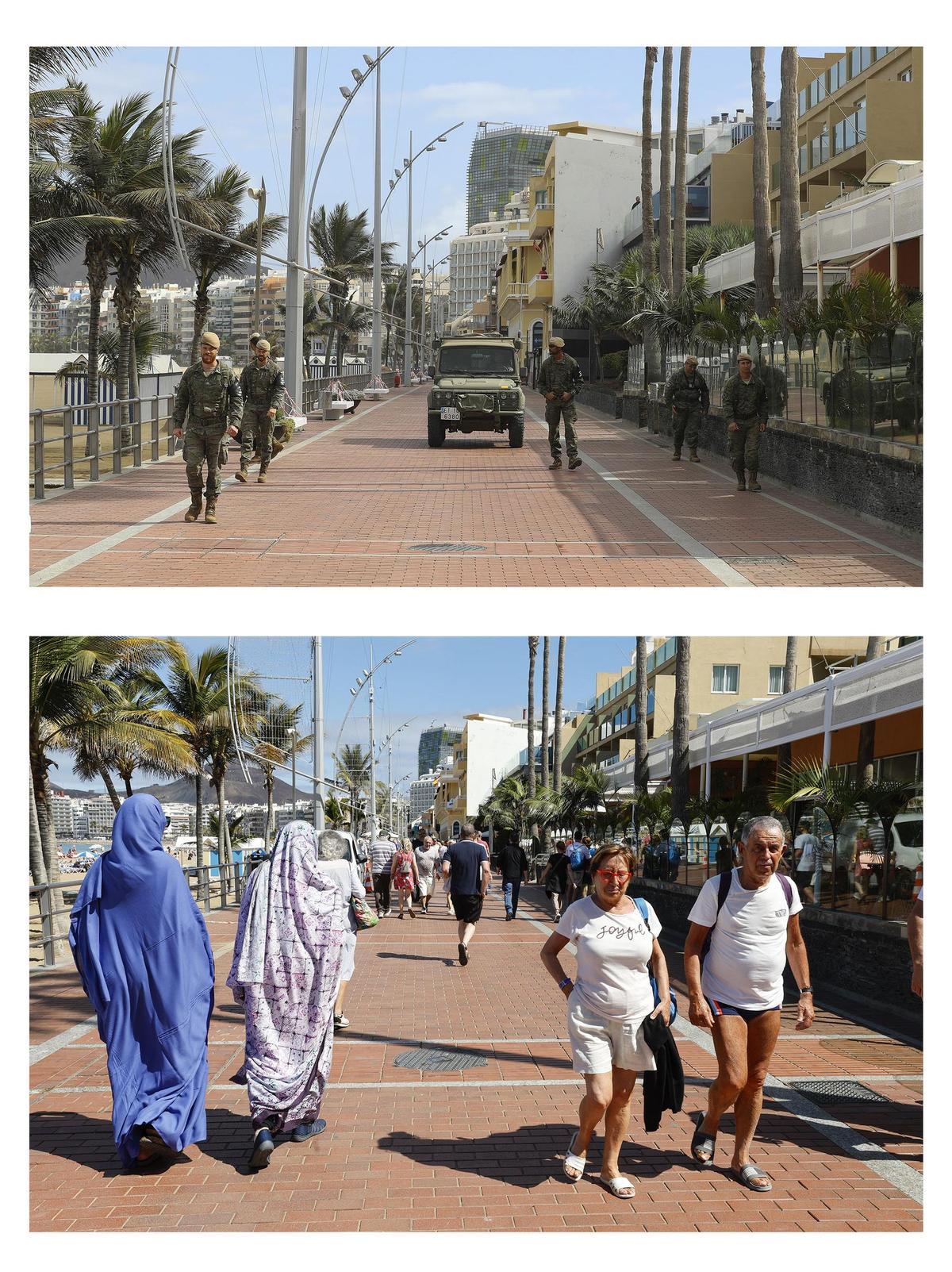 El paseo de Las Canteras durante el confinamiento (izq) y actualmente (dcha)