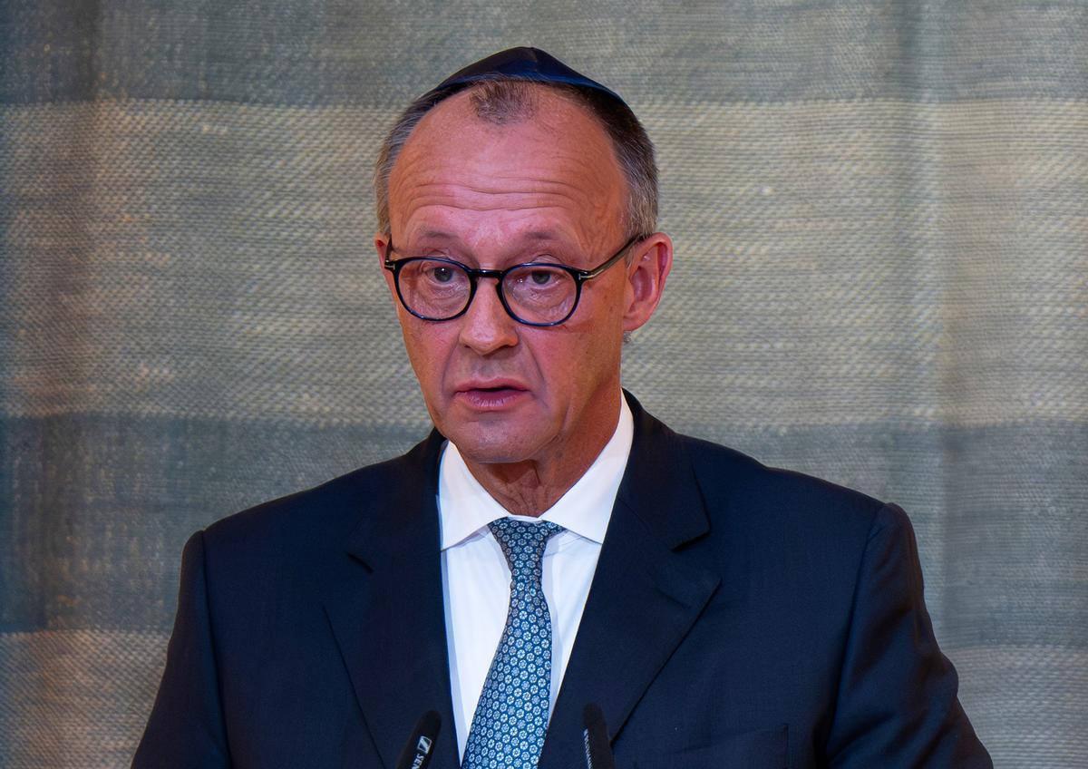 El canciller alemán, Friedrich Merz, durante una ceremonia para celebrar la restauración de la sinagoga de Múnich, el pasado lunes.