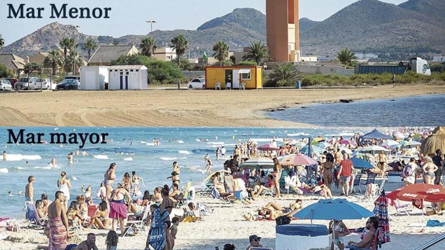 Comparativa de la playa de Puerto Bello, en La Manga, y la playa de Las Sirenas, al otro lado de La Manga. Tomadas ayer, a la misma hora.