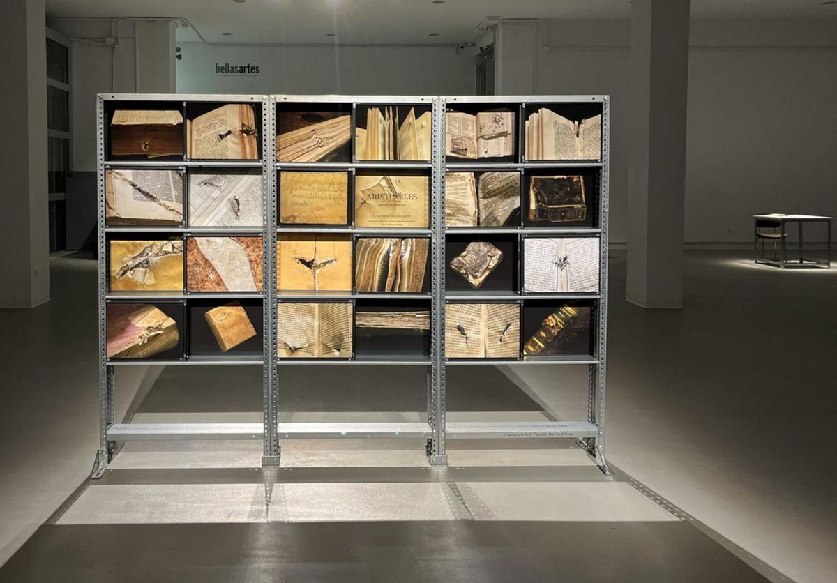 La instalación ‘350 páginas’, de Irene de Andrés y, a la derecha, un detalle de una de las fotografías a los libros heridos.  | IRENE DE ANDRÉS