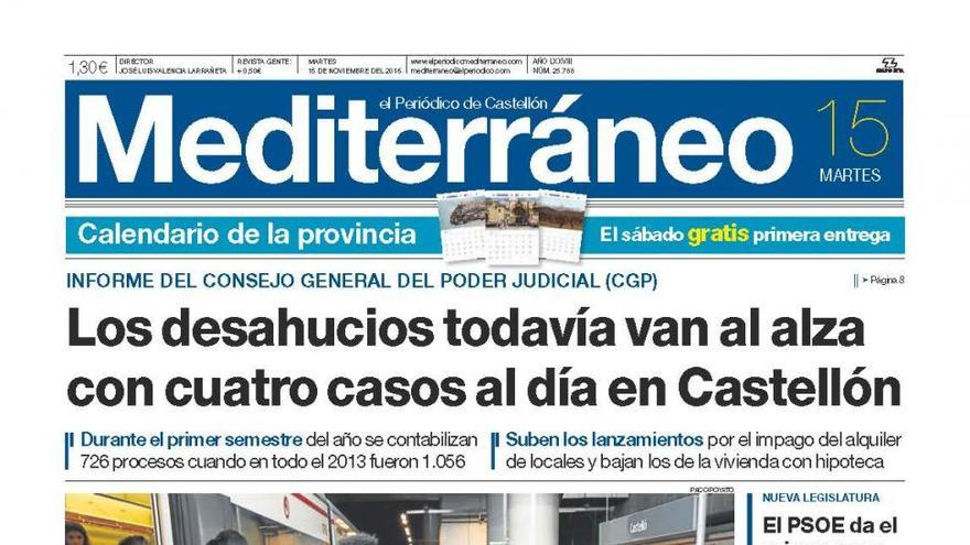 Los desahucios todavía van al alza con cuatro casos al día en Castellón, hoy en la portada de Mediterráneo
