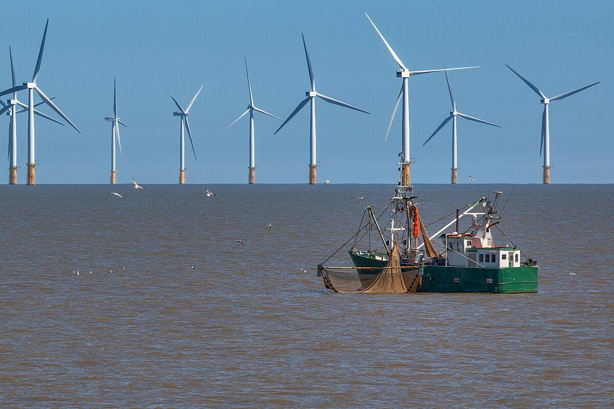 Un barco de pesca del norte de Europa con varios molinos al fondo.