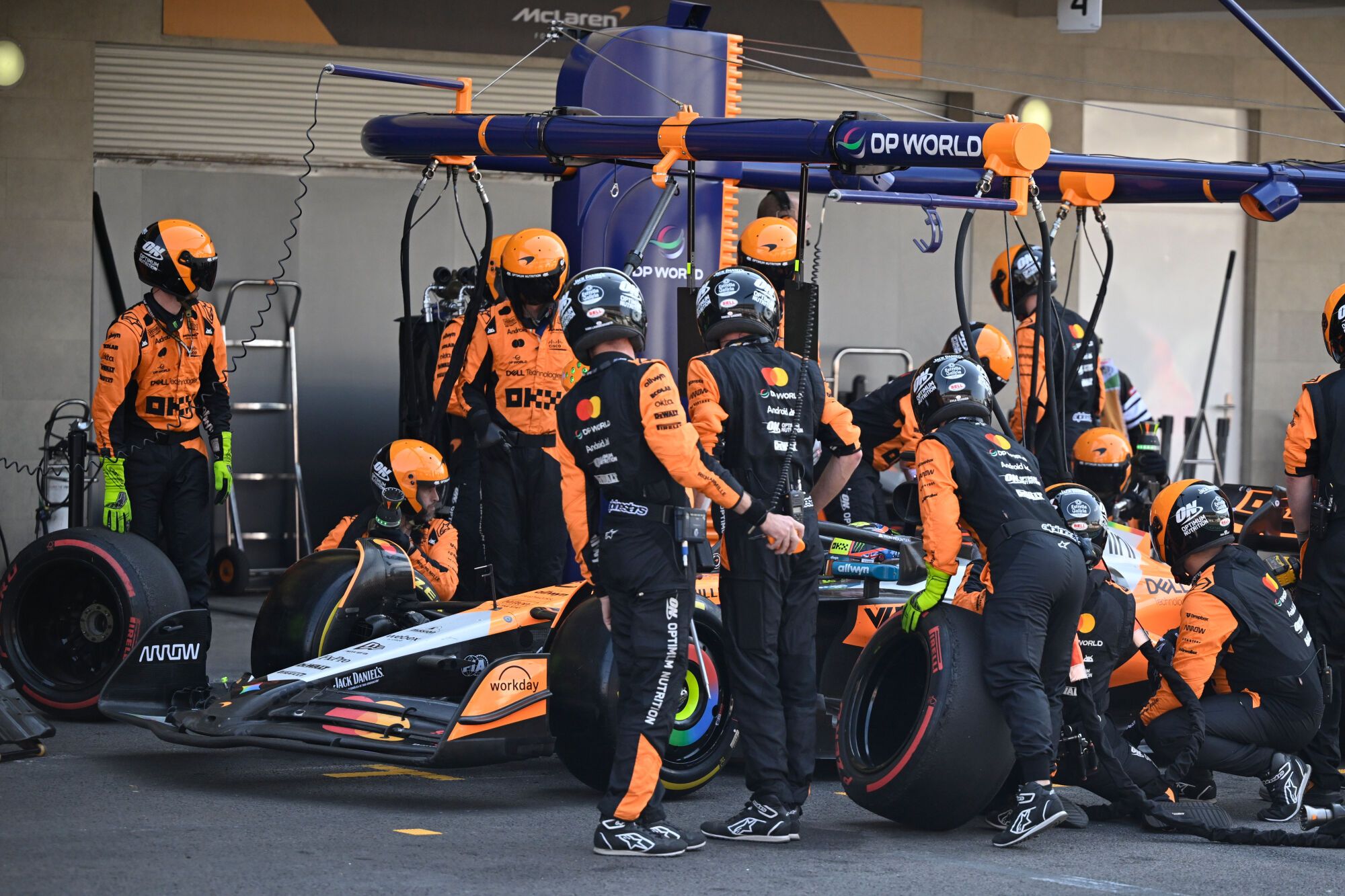 McLaren driver Oscar Piastri of Australia, gets a pit service during the Formula One Mexico Grand Prix auto race at the Hermanos Rodriguez race track in Mexico City, Sunday, Oct. 26, 2025. (Alfredo Estrella /Pool Photo via AP). POOL PHOTO