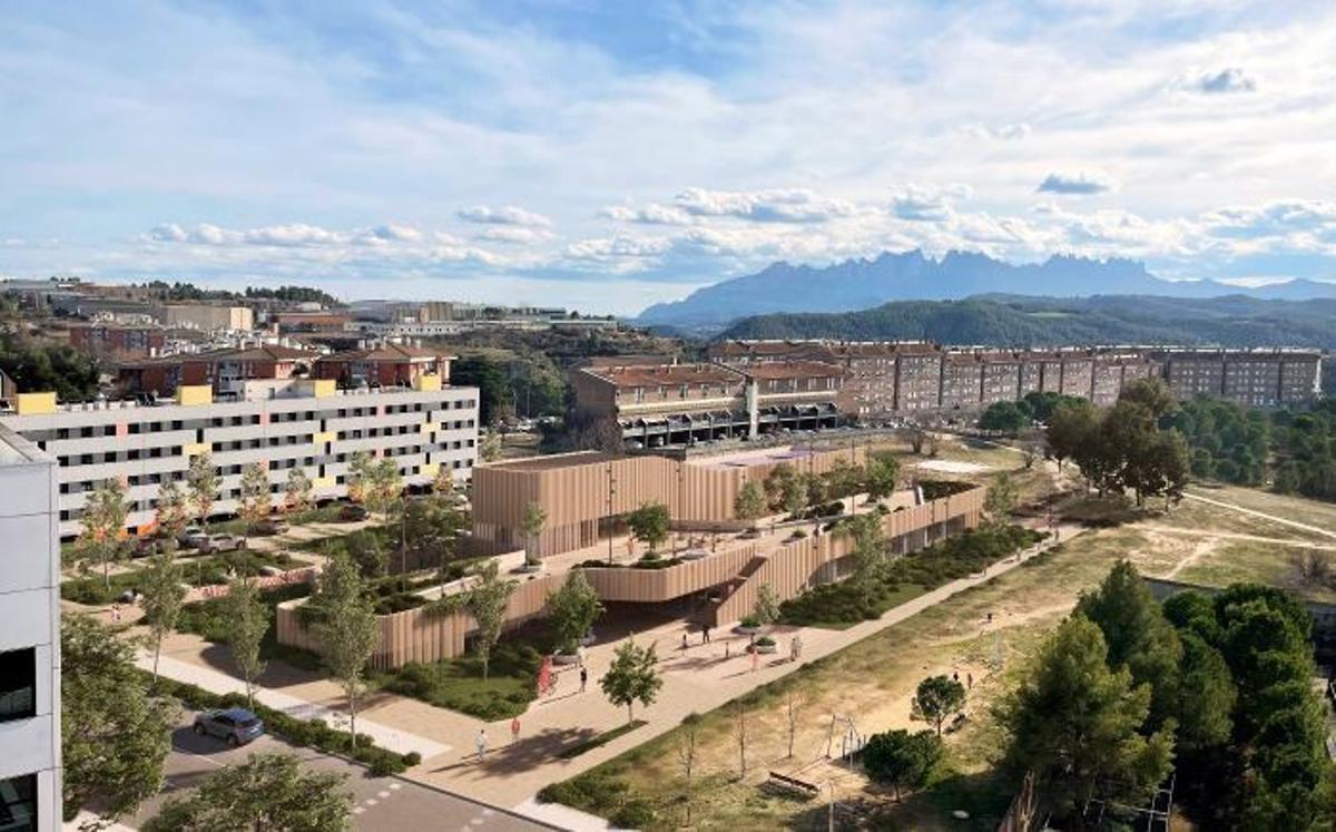 Recreació de l'Edifici del Coneixement amb La Balconada i Montserrat al fons