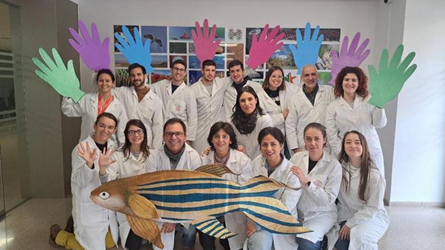 Las investigadoras Diana García, Alicia Martínez López, Victoriano Mulero Méndez y María Luisa Cayuela Fuentes posan junto a su equipo en la Facultad de Biología. | IMIB