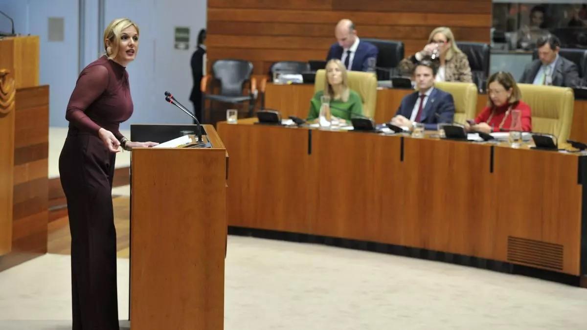 La consejera de Hacienda, Elena Manzano, en la presentación de los presupuestos de 2025 al pleno de la Asamblea.