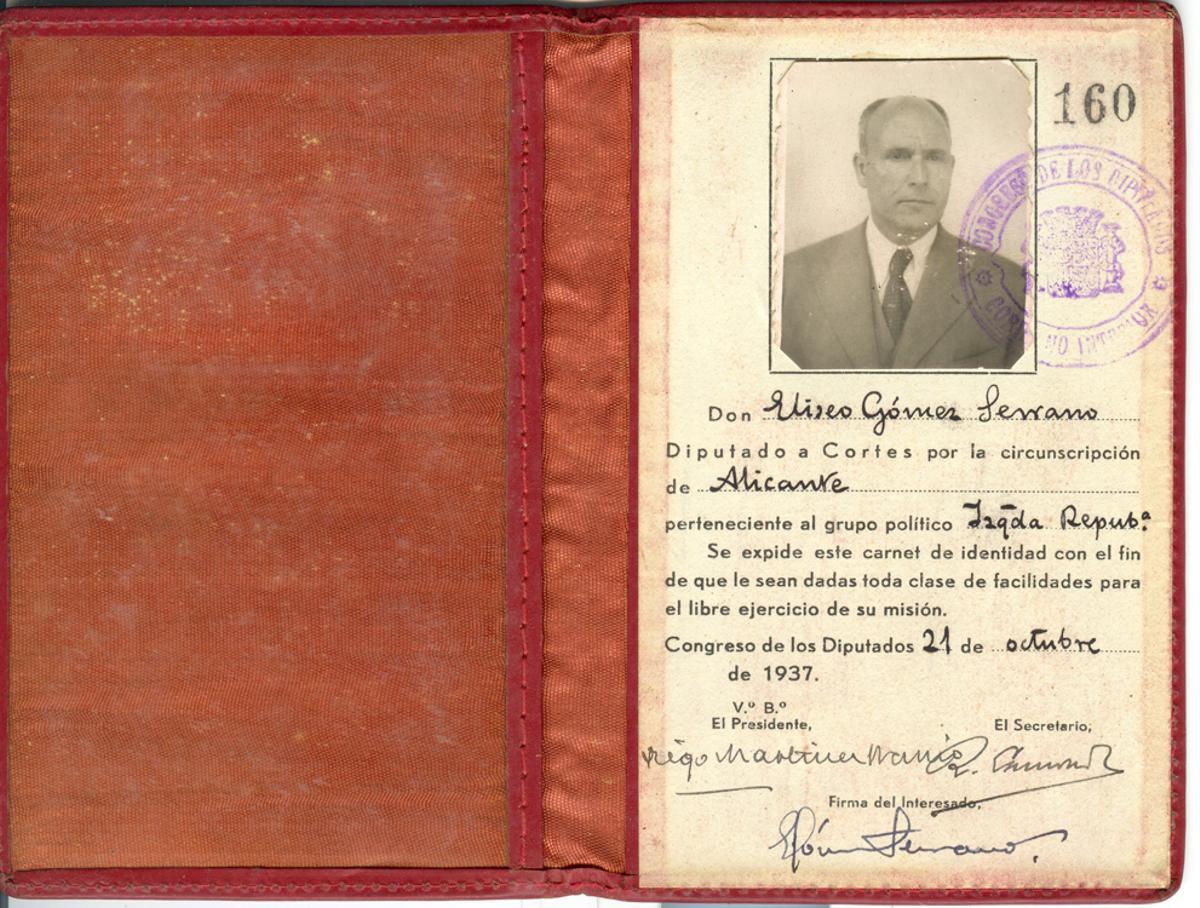 Carnet de diputat d'Eliseu Gómez.