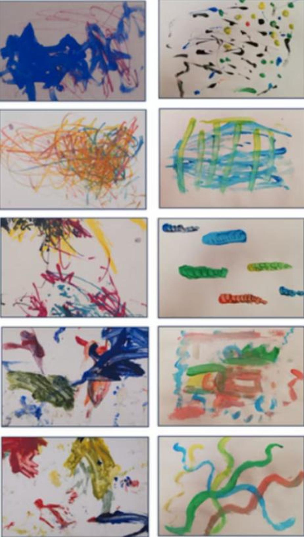 Algunas de las obras usadas en el estudio. A la izquierda, obras hechas por chimpancés, parte de la colección Schretlen. A la derecha, obras hechas por personas sin entrenamiento formal.