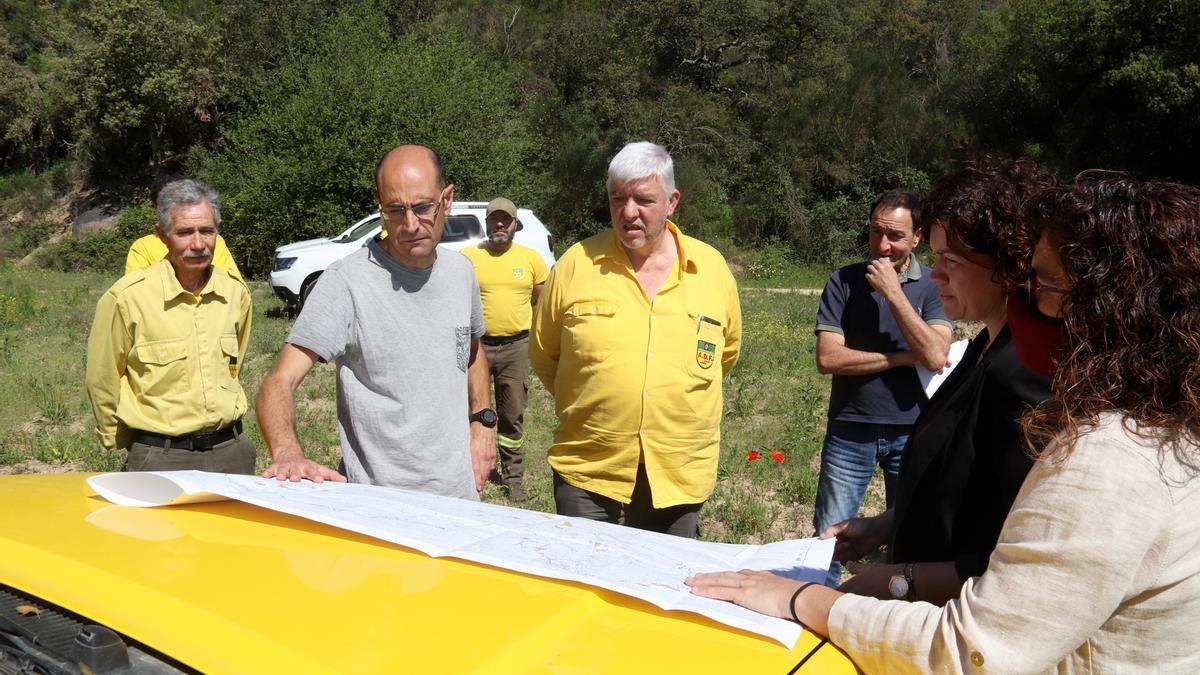 Un enginyer d&#039;Acció Climàtica i diversos ADF consulten el mapa de les Guilleries Sud amb la directora general d&#039;Ecosistemes Forestals i Gestió del Medi, Anna Sanitjas, i la directora dels Serveis Territorials d&#039;Acció Climàtica a Girona, Elisabet Sánchez