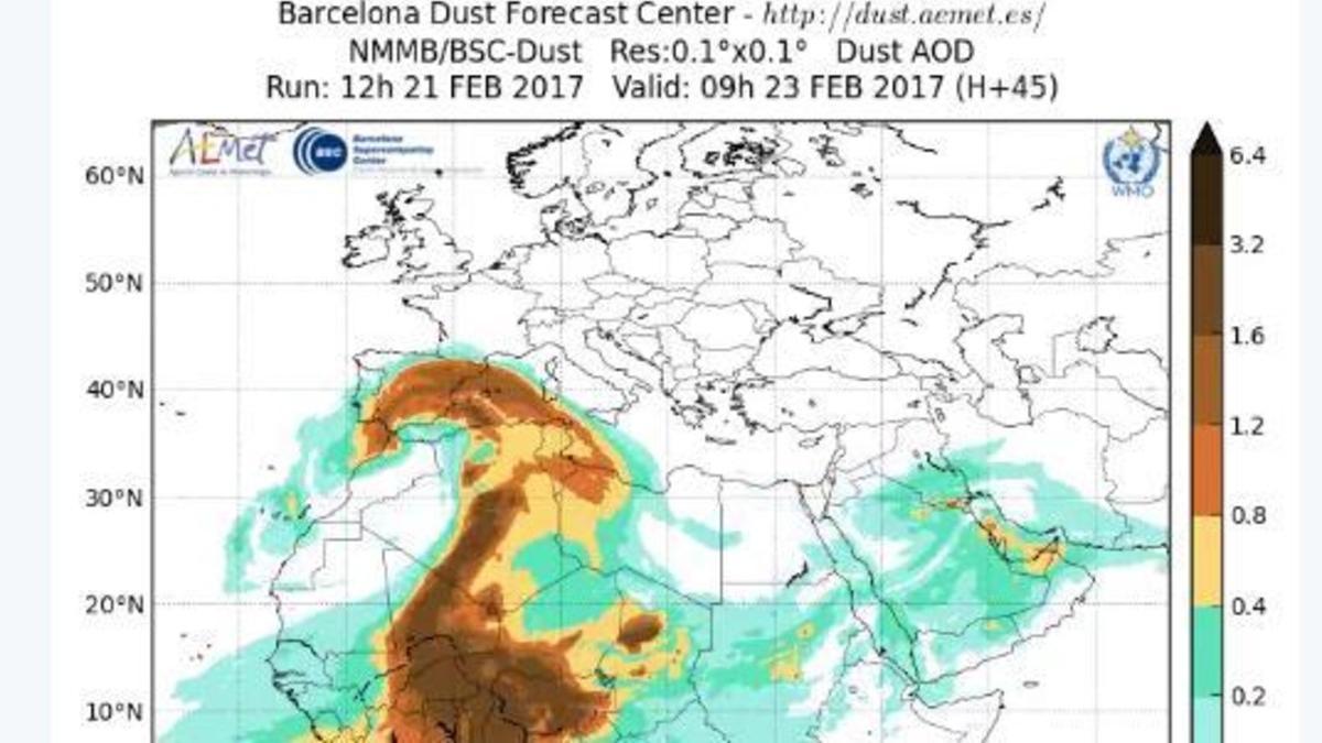 Previsión del Barcelona Dust Forecast Center para el jueves por la mañana.