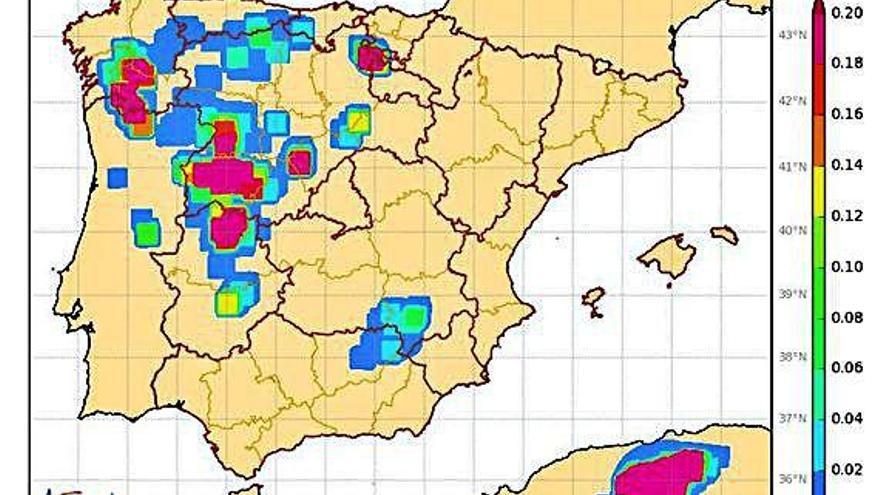 Previsión de rayos para las 23.00 horas en uno de los modelos de la Agencia de Meteorología.