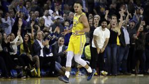 Golden State Warriors’ Stephen Curry celebrates a score against the Sacramento Kings in the second half of an NBA basketball game Thursday, Feb. 21, 2019, in Oakland, Calif. (AP Photo/Ben Margot)