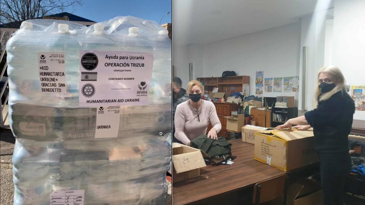 la izquierda, uno de los palés de ayuda humanitaria preparados para su envío a la frontera de Polonia con Ucrania. A la derecha, miembros de la comunidad ucraniana en Granada preparan cajas para enviar.