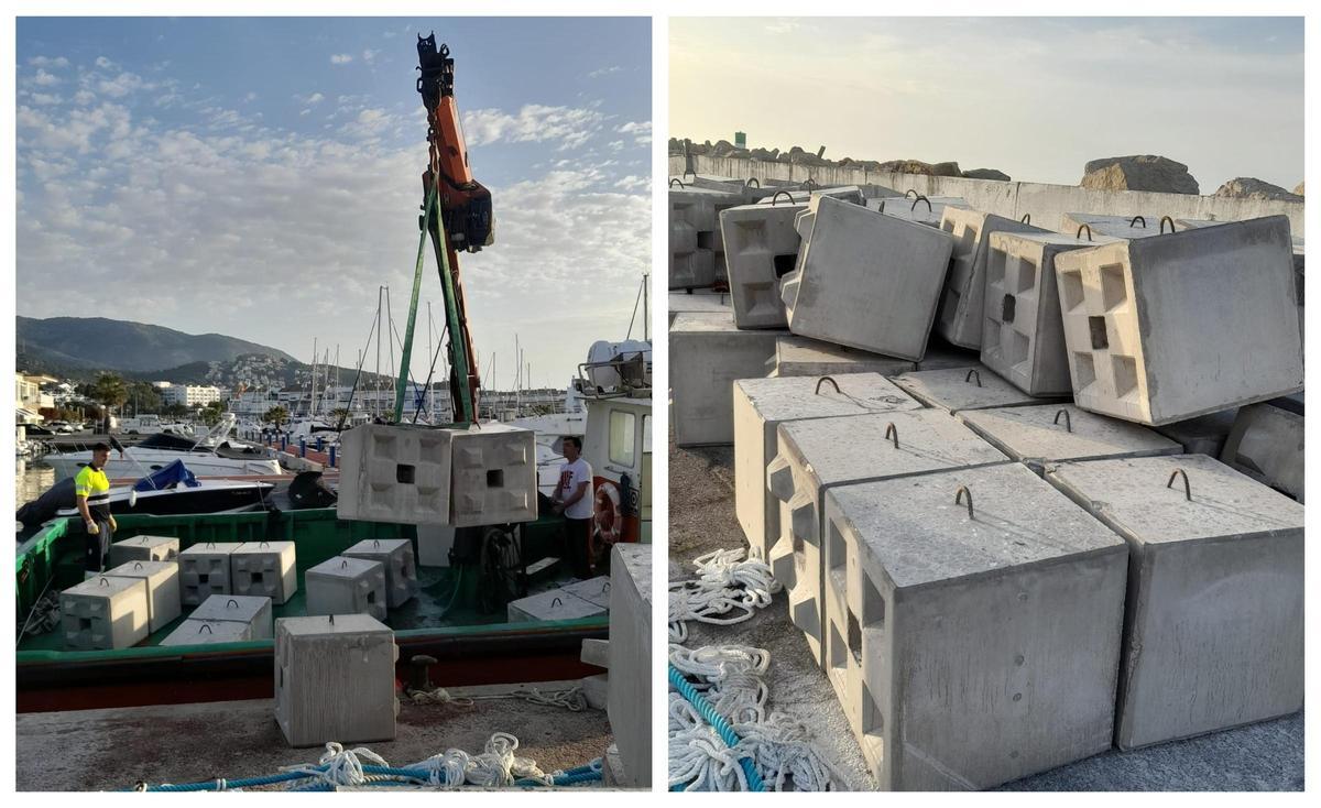 Imagen de la grúa que mueve los pesados biotopos (i); los bloques de hormigón que están creando "un oasis en el desierto marino" (d).