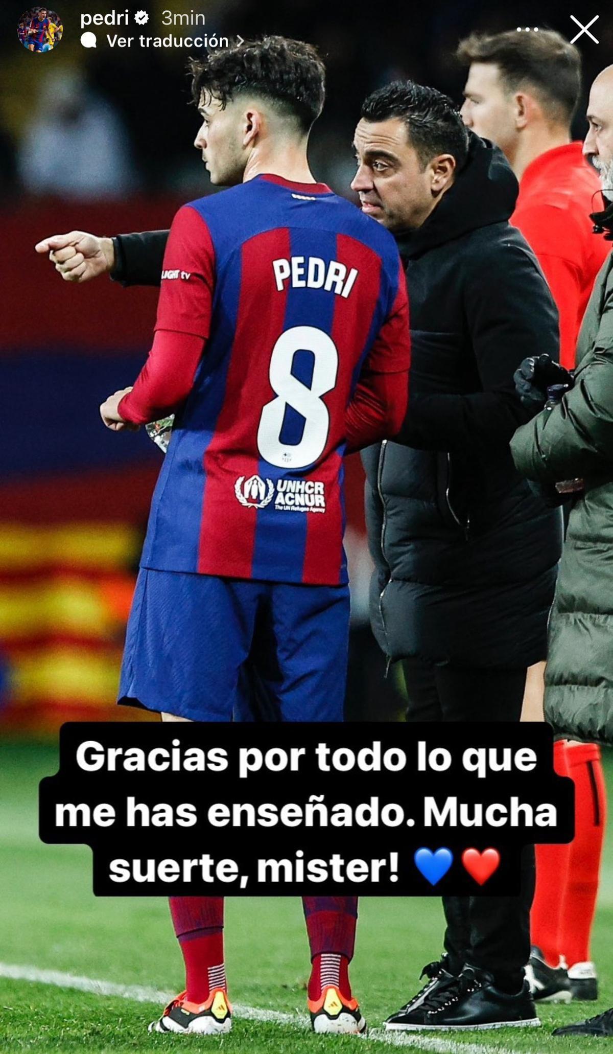 Despedida de Pedri a Xavi en una story de Instagram.
