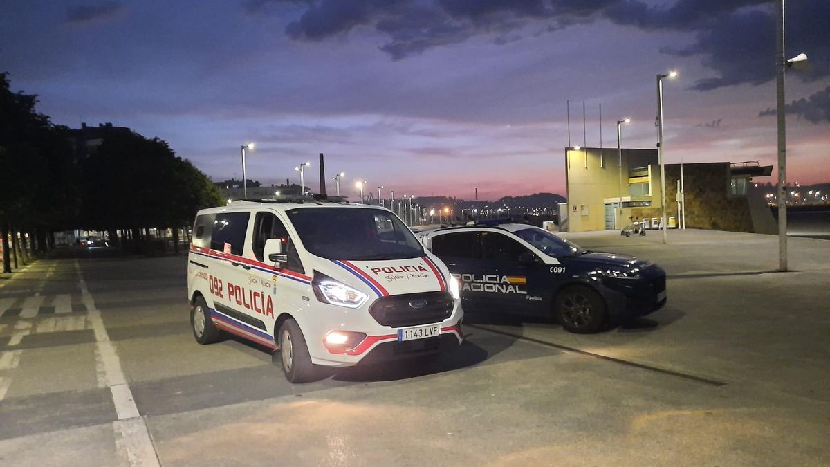 Vehículos policiales, esta noche, en la playa de Poniente.