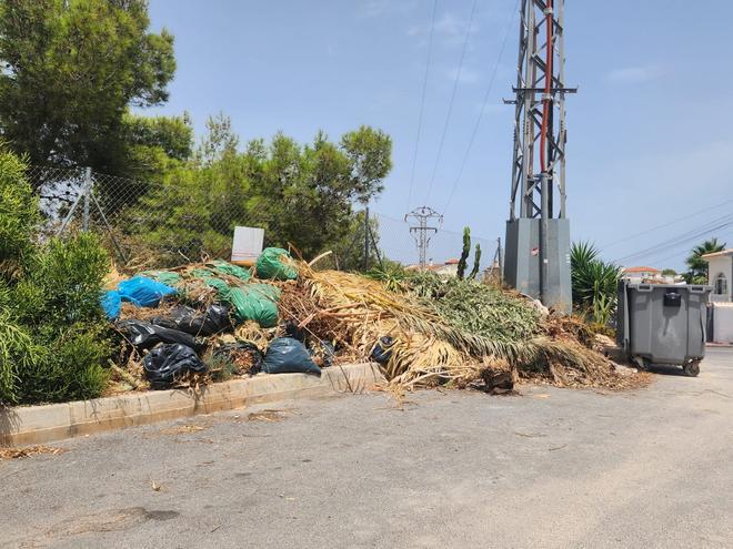 Así están los contenedores de basura de las urbanizaciones de San Miguel de Salinas: hasta arriba de podas y enseres sin que Actúa los retire