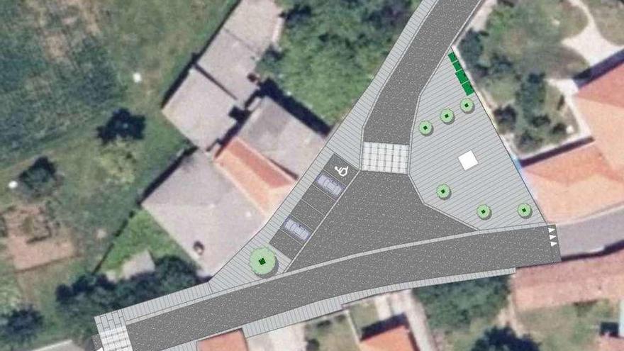 Diseño de la plaza sobre una vista aérea del núcleo de Folgueira en Castelo.