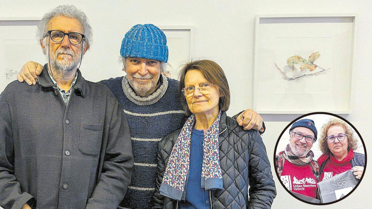 Pedro Ávila, Antón Sobral y Soledad Pite, en la Granell ante la muestra. Al lado, José Galarzo y Maricarmen Martínez.
