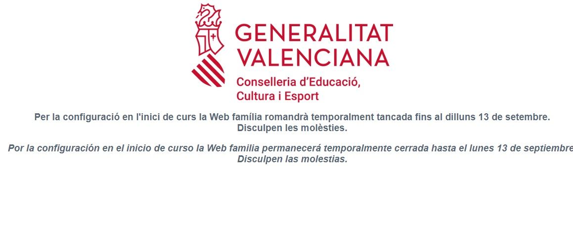 Portada de Web Família con el anuncio del cierre de la página hasta el día 13 de septiembre