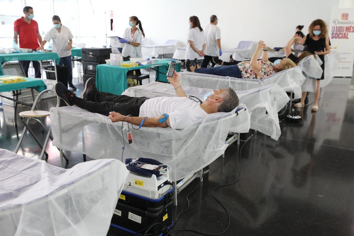 Voluntarios donan sangre en el Centro de Congresos de Elche, este martes.