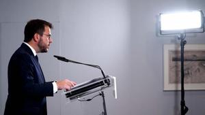 El ’president’ de la Generalitat, Pere Aragonès, este 15 de julio de 2022 en el Centro Cultural Blanquerna, en Madrid, después de su reunión con Pedro Sánchez en el palacio de la Moncloa.
