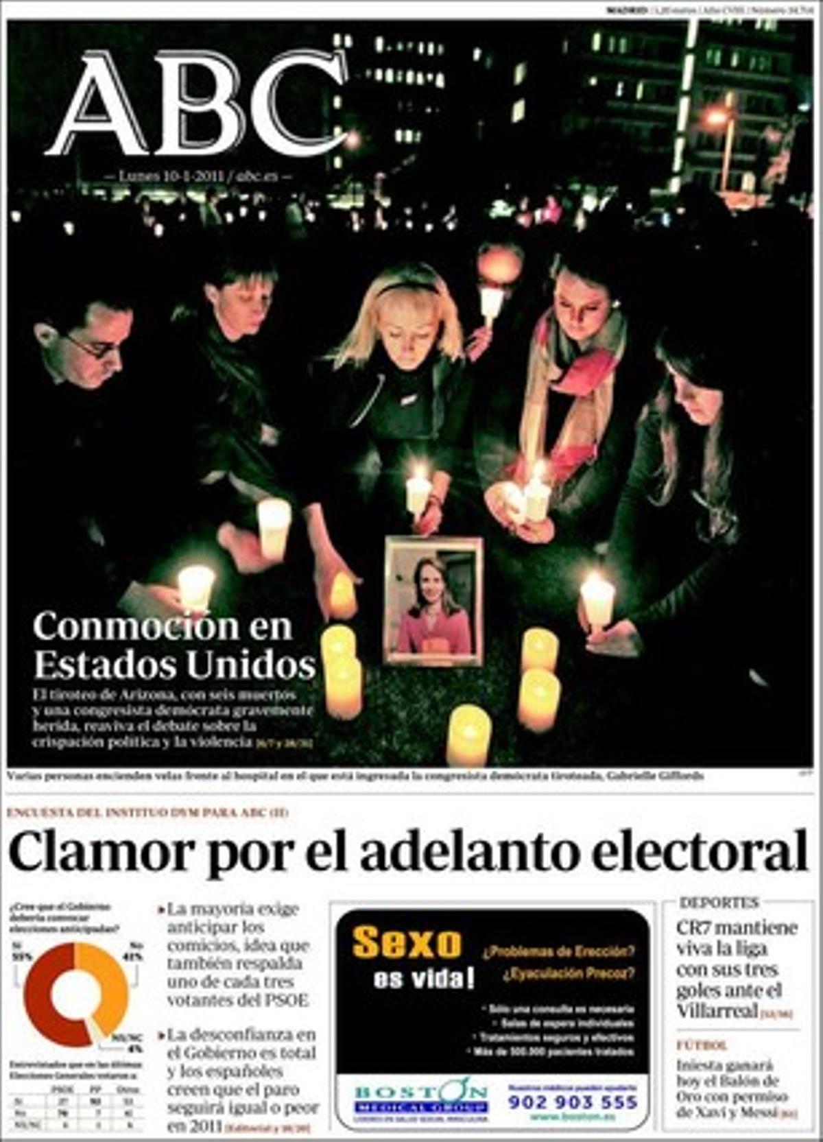 ’Abc’ ressalta les conclusions d’un sondeig propi en què la majoria veu Alfredo Pérez  Rubalcaba com a candidat del PSOE a la Moncloa, i que només un de cada deu espanyols pensa que millorarà la situació de les famílies el 2011. També que el 90% del Fons de Reserva de la Seguretat Social està en deute espanyol; que Artur Mas tensa la corda amb Espanya, i que Ciutadans amenaça de portar el president als tribunals per desacatament a la sentència del Tribunal Constitucional sobre l’Estatut i la immersió lingüística