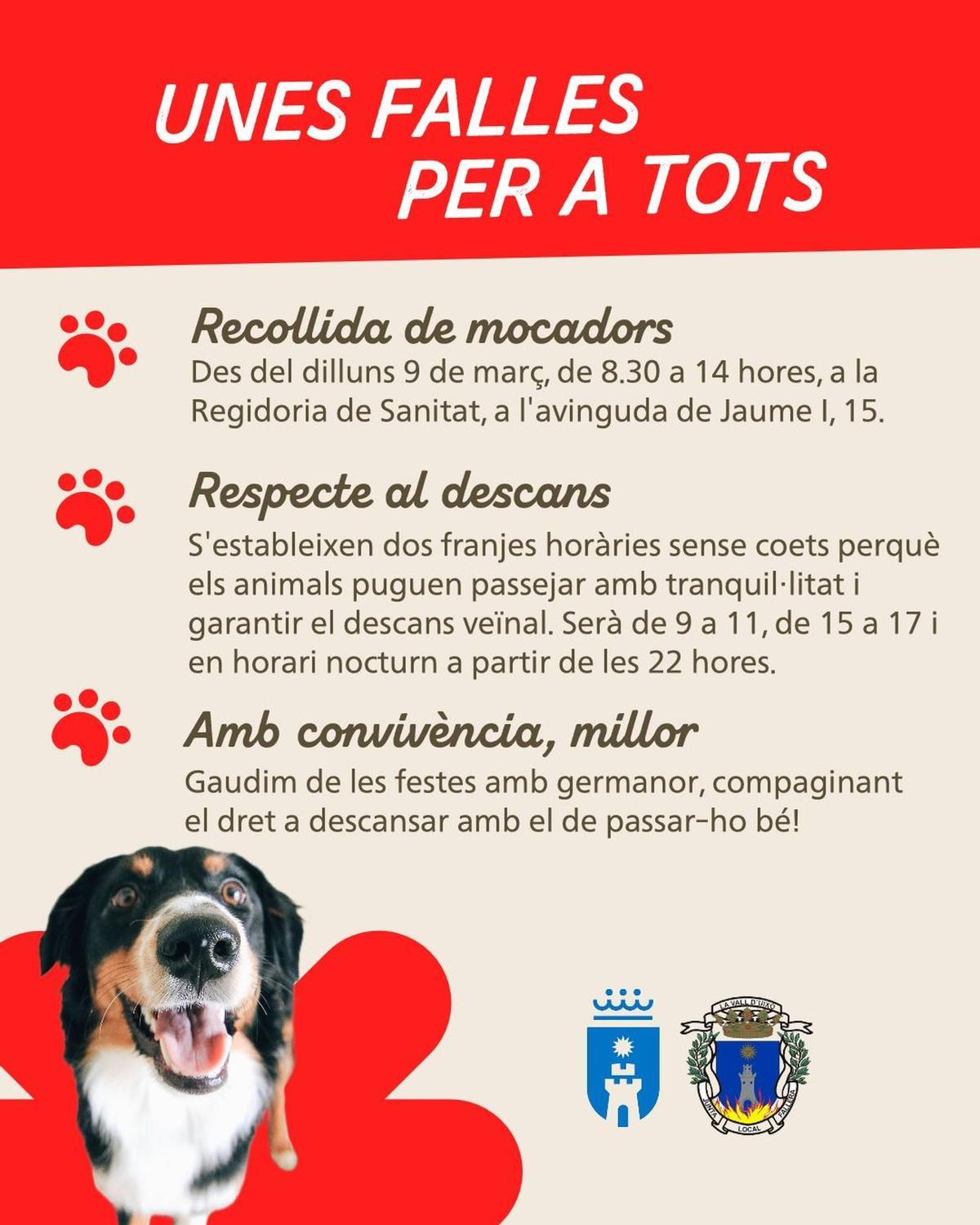 Imagen del cartel informativo sobre el respeto a las mascotas durante las fiestas de la Fallas en la Vall d'Uixó.