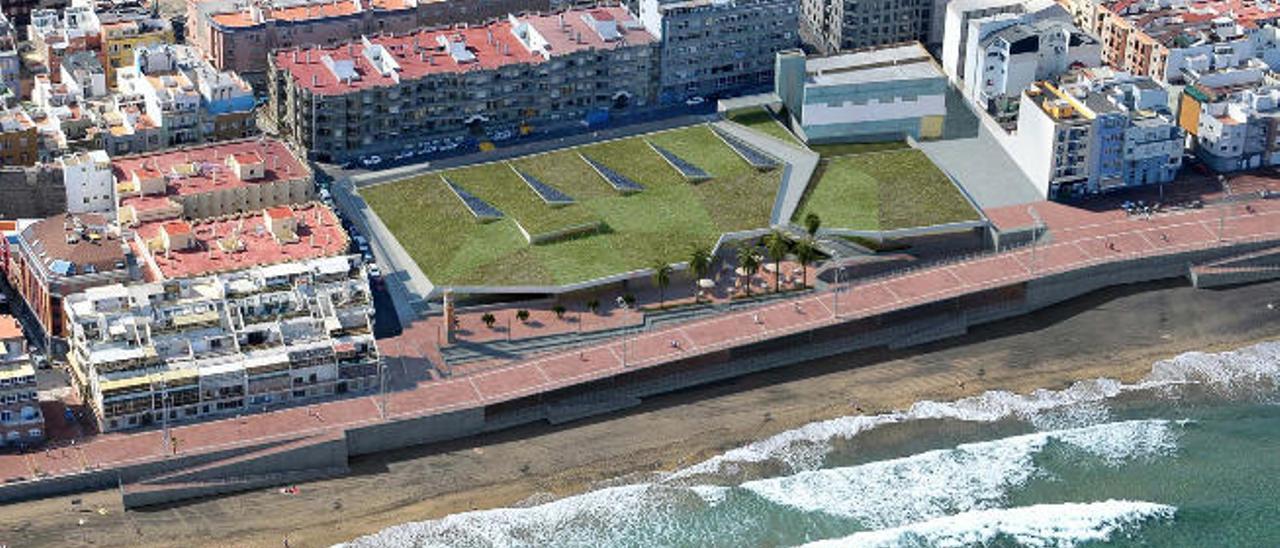 Recreación del tramo del paseo de Las Canteras tras la construcción de la pasarela y de la plaza frente al centro deportivo, ya operativo.