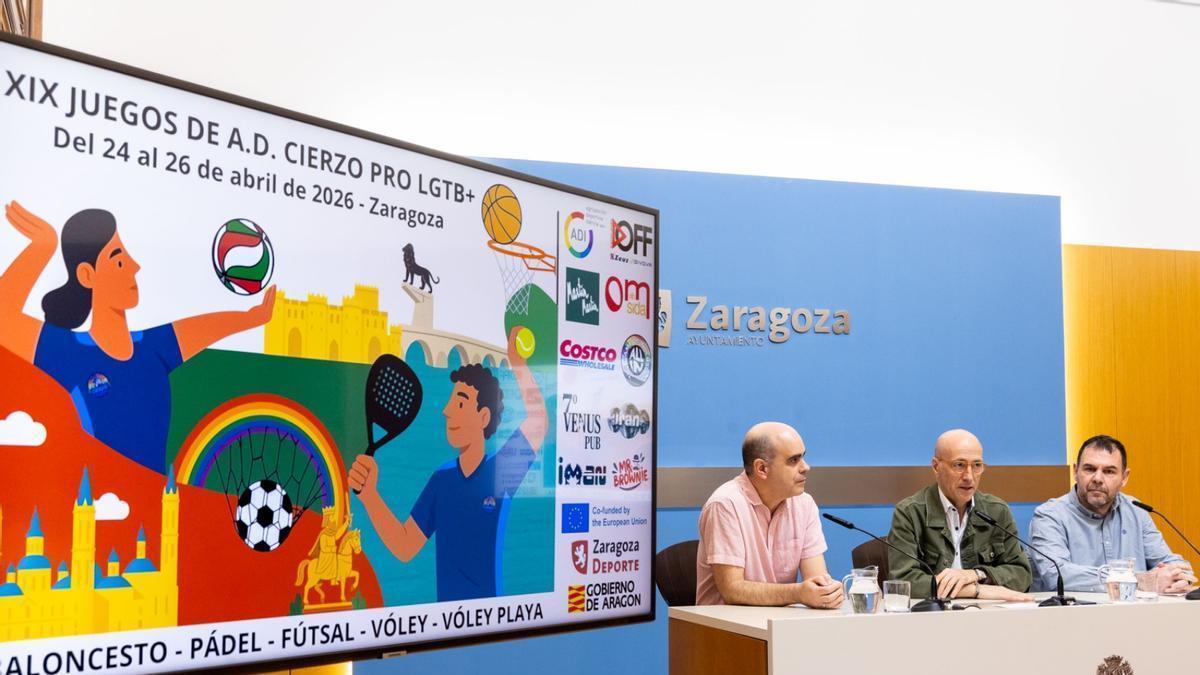 David Lechón, Félix Brocate y Juan Chicón, este miércoles durante la presentación de los XIX Juegos del Cierzo LGTBI