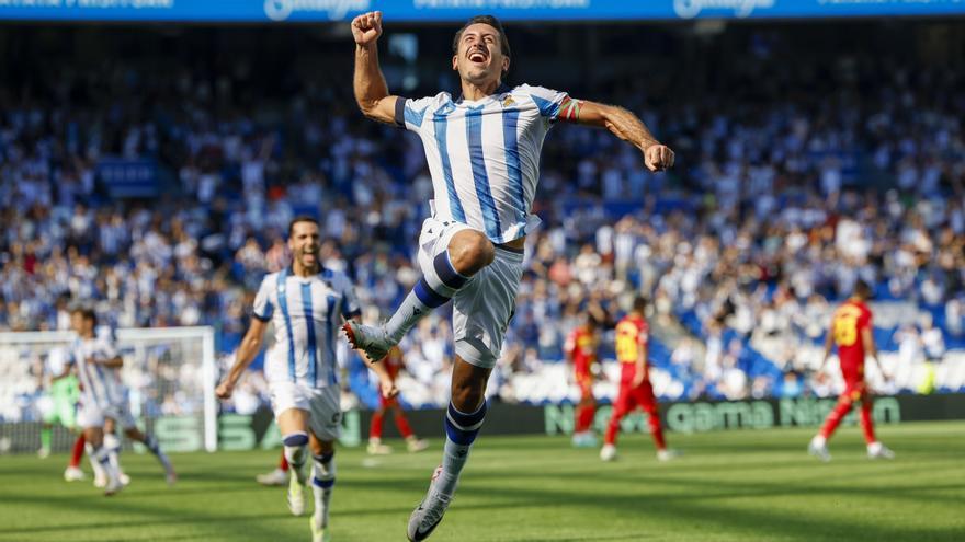 Oyarzabal celebra uno de sus goles ante el Getafe.