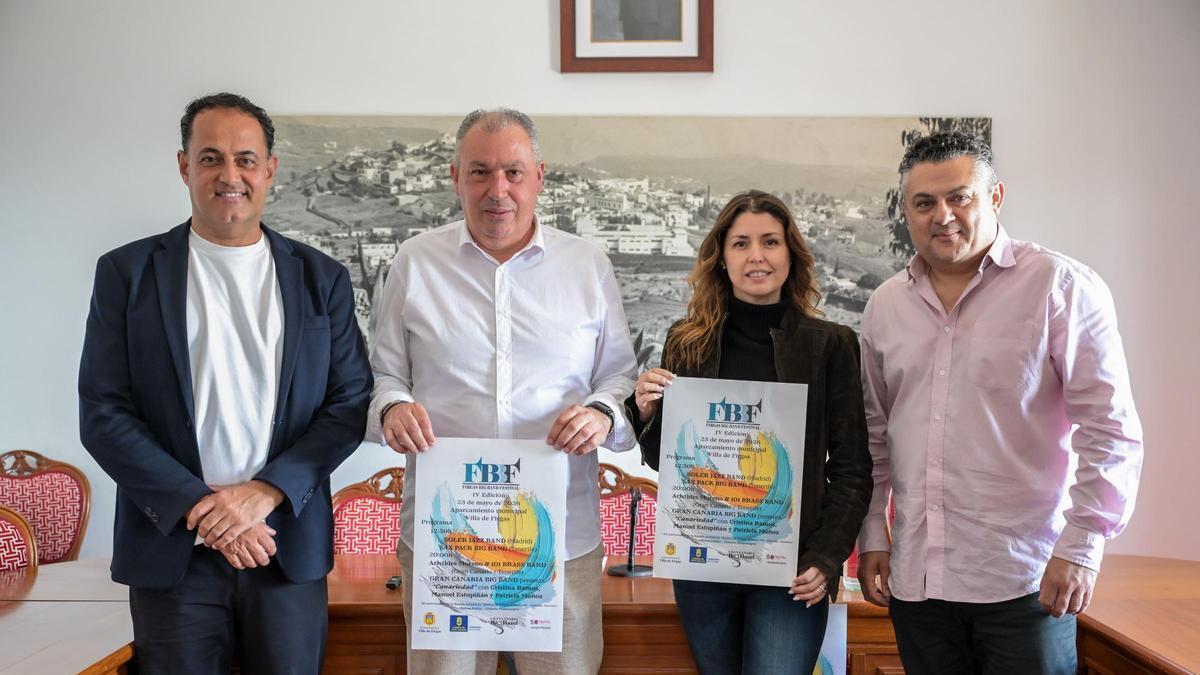 Serafín Sánchez, Alexis Henríquez, Cristina Ramos y Sebastián Gil, en la presentación del Festival ‘Firgas Big Band’