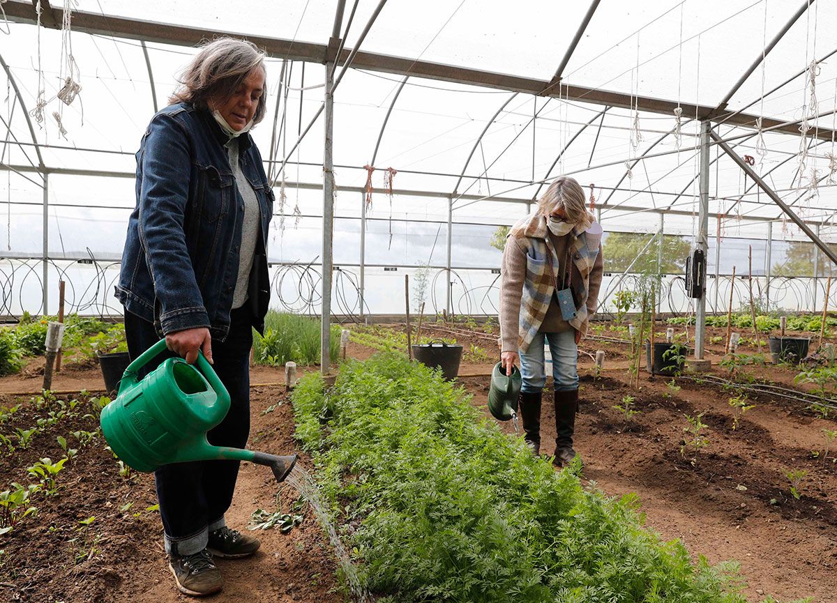 Isabel y Sandra regadera en mano en la finca de Alborada de agricultura ecológica