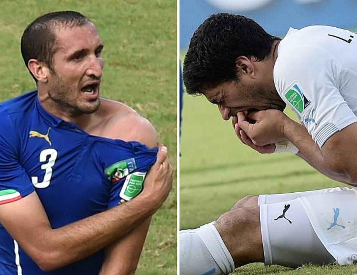 This combo of 2 photos shows Italy's defender Giorgio Chiellini (L) showing an apparent bitemark and Uruguay forward Luis Suarez (R) holding his teeth after the incident during the Group D football match between Italy and Uruguay at the Dunas Arena in Natal during the 2014 FIFA World Cup on June 24, 2014. Uruguay won the match 1-0. Uruguay star Luis Suarez faces expulsion from the World Cup for biting another player as FIFA confirmed it had opened disciplinary proceedings against him on on June 25, 2014. Suarez, banned twice before for biting opponents, appeared to sink his teeth into defender Giorgio Chiellini during Uruguay's 1-0 win over Italy. AFP PHOTO/ YASUYOSHI CHIBA / DANIEL GARCIA (Photo credit should read DANIEL GARCIA/AFP via Getty Images)