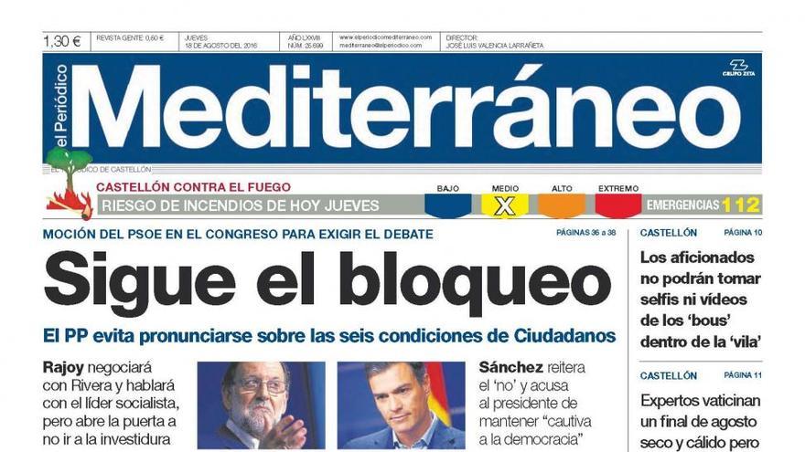 ‘Sigue el bloqueo’, titular hoy de portada de El Periódico Mediterráneo