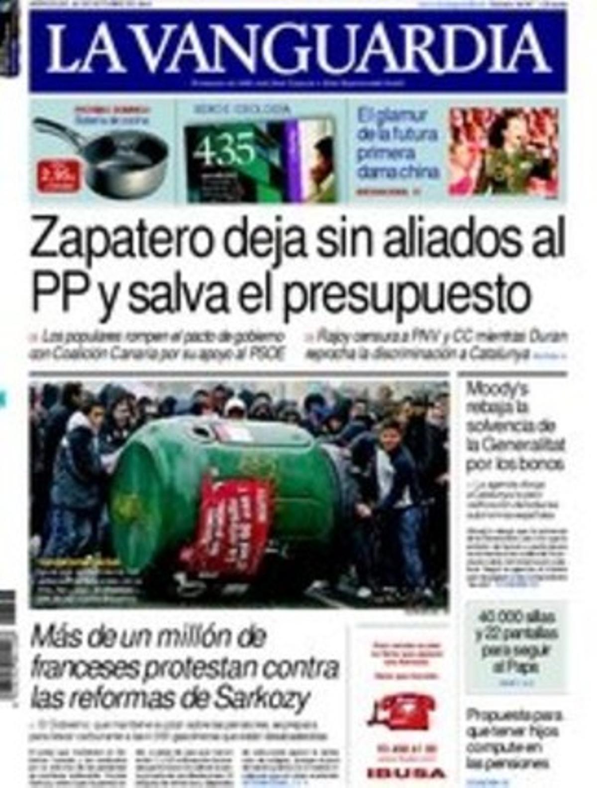 A dins, ’La Vanguardia’ destaca que Catalunya és líder d’Espanya en investigació científica d’elit, que un jutge declara il·legal el preu de l’aigua a Barcelona, que els negociadors del Pacte de Toledo estudien que les mares amb fills necessitin menys anys per tenir una pensió, que la Unió Europea va trencar un tabú per proposar la creació d’un impost comunitari per finançar la UE, i que Catalunya perd força com a inversora a l’exterior tot i tenir el 26% de les multinacionals espanyoles: cau a la tercera posició, al darrere de Madrid i el País Basc.